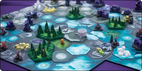 Een speels, levendig en tactisch bordspel met zeshoekige onderdelen, theatrale structuren en een platform